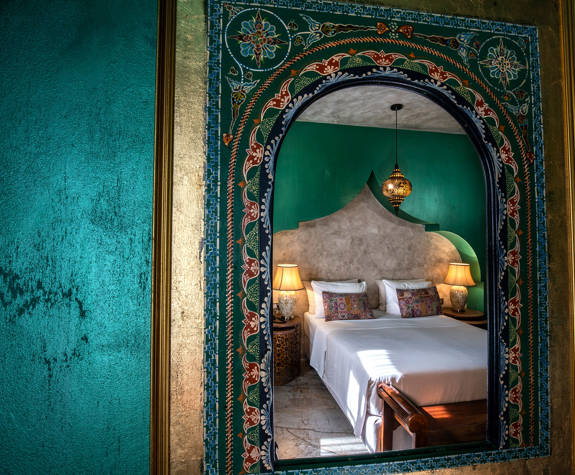 Decan Concept Boutique Estate Hotel Rhodes Honeymoon Suite Old Town View bed through the room mirror